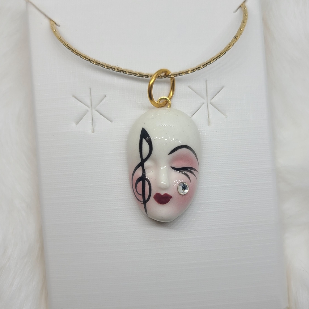 Vintage Fancy Faces Hand Painted Porcelain Mask Pendant Necklace Treble Clef
